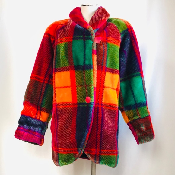 Monterey Fashions VTG Women's Rainbow Plaid Faux Fur Coat/Jacket Size Med Petite - Picture 3 of 13
